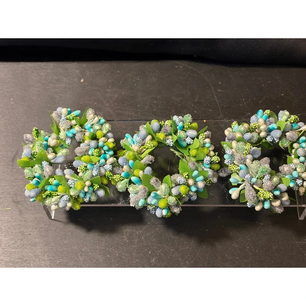 Set of 3 Beaded Berry Napkin Rings Teal Silver Green Botanical Table Decor